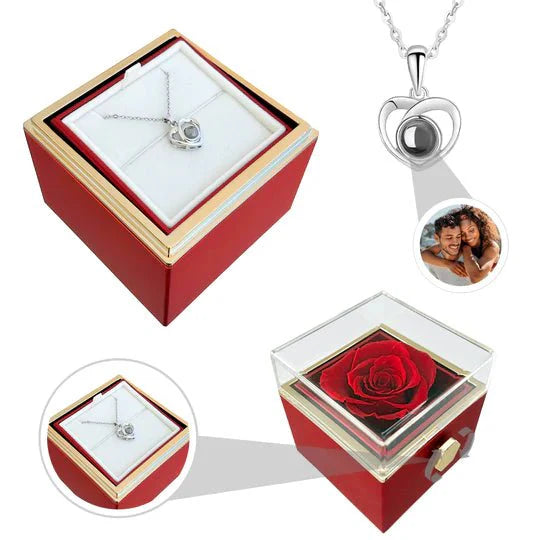 "Eeuwige rozen doos met gouden hartprojectieketting, betoverend en elegant sieraad voor betekenisvolle herinneringen."