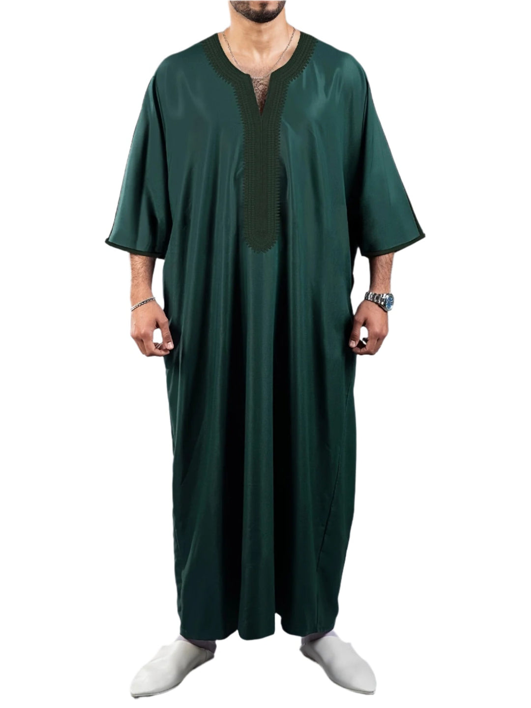 "Effen heren djellaba, licht en ademend, voor diverse gelegenheden, in bordeauxrood, groen en hemelsblauw."