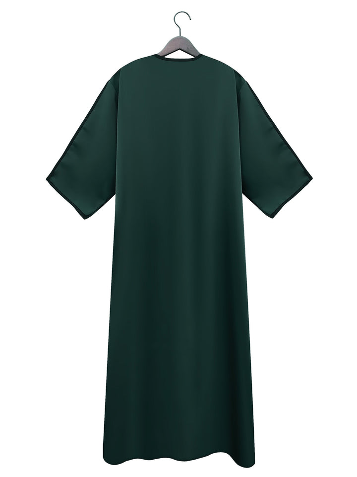 "Effen heren djellaba, licht en ademend, voor diverse gelegenheden, in bordeauxrood, groen en hemelsblauw."