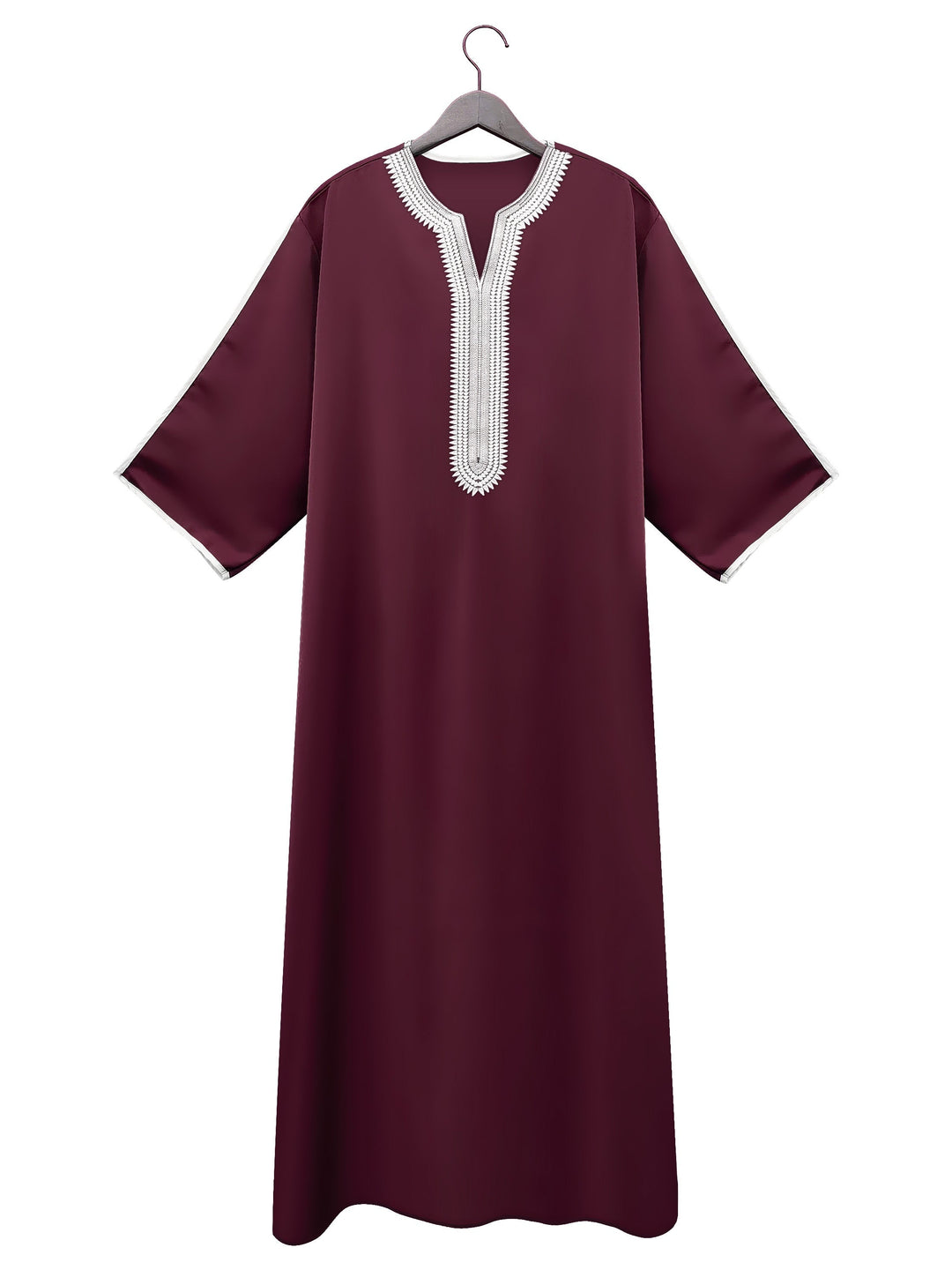 "Effen heren djellaba, licht en ademend, voor diverse gelegenheden, in bordeauxrood, groen en hemelsblauw."