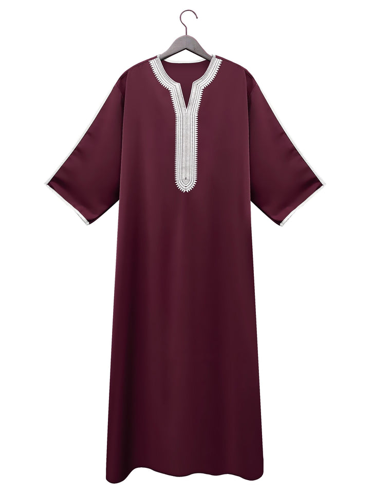 "Effen heren djellaba, licht en ademend, voor diverse gelegenheden, in bordeauxrood, groen en hemelsblauw."