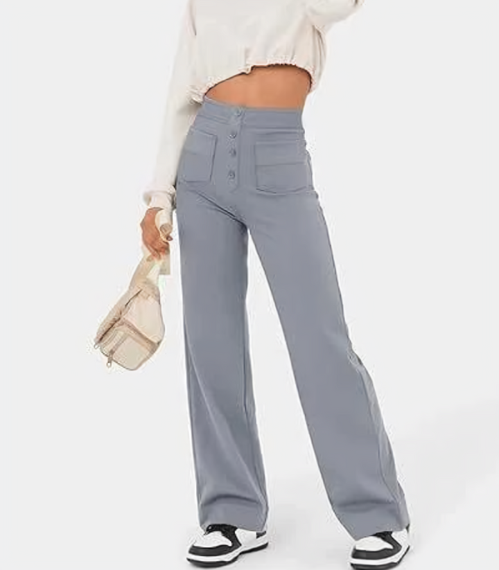 "Elastische hoge taille broek met knoopdetails voor dames, slank silhouet, dagelijks comfort en stijl"