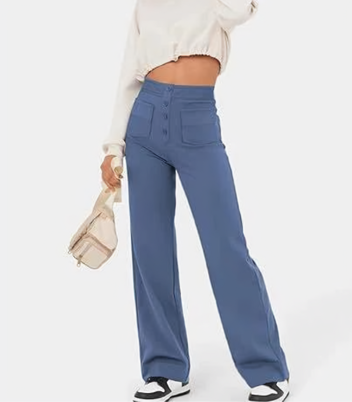 "Elastische hoge taille broek met knoopdetails voor dames, slank silhouet, dagelijks comfort en stijl"