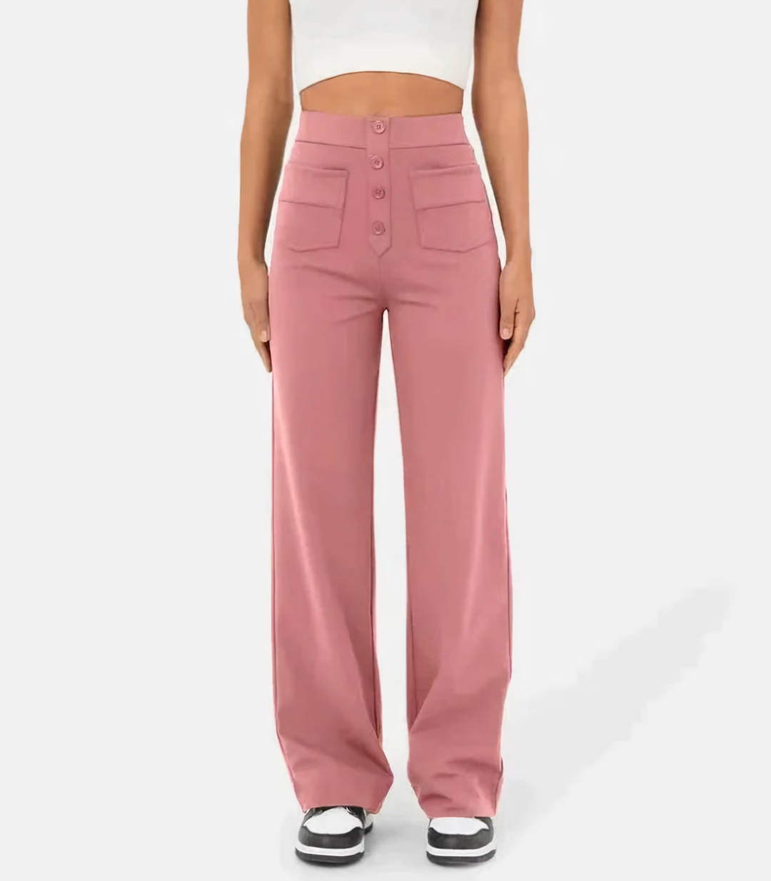 "Elastische hoge taille broek met knoopdetails voor dames, slank silhouet, dagelijks comfort en stijl"