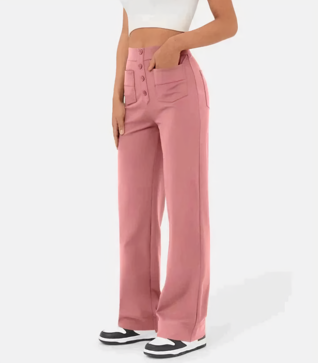 "Elastische hoge taille broek met knoopdetails voor dames, slank silhouet, dagelijks comfort en stijl"