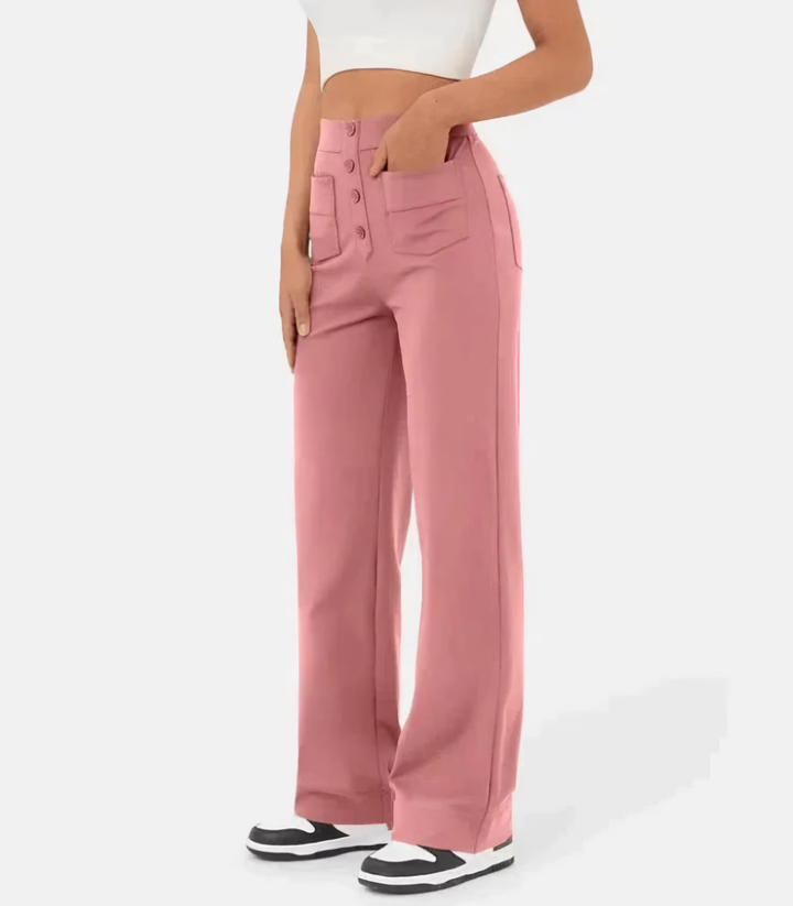 "Elastische hoge taille broek met knoopdetails voor dames, slank silhouet, dagelijks comfort en stijl"