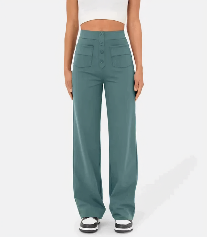 "Elastische hoge taille broek met knoopdetails voor dames, slank silhouet, dagelijks comfort en stijl"