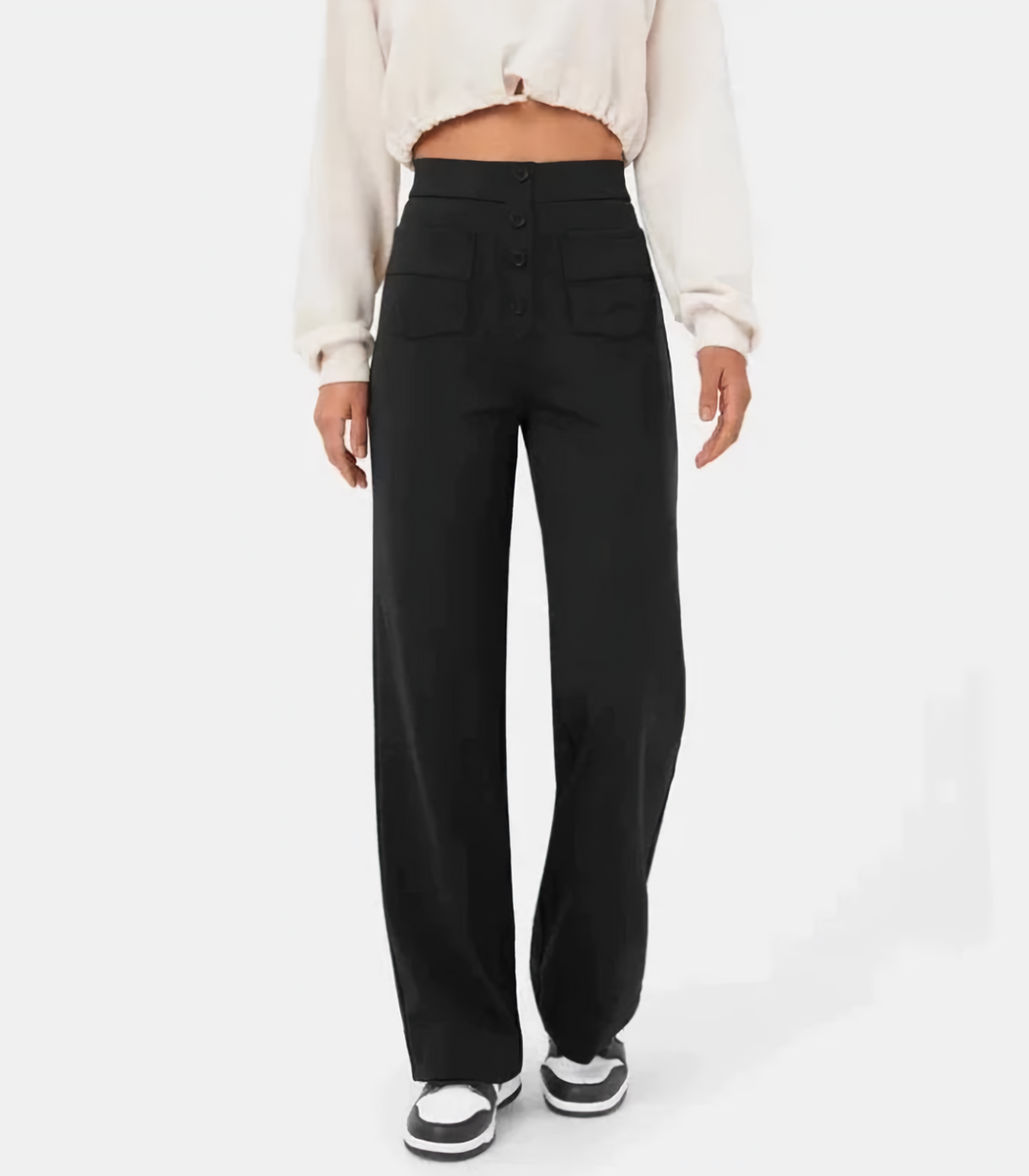 "Elastische hoge taille broek met knoopdetails voor dames, slank silhouet, dagelijks comfort en stijl"