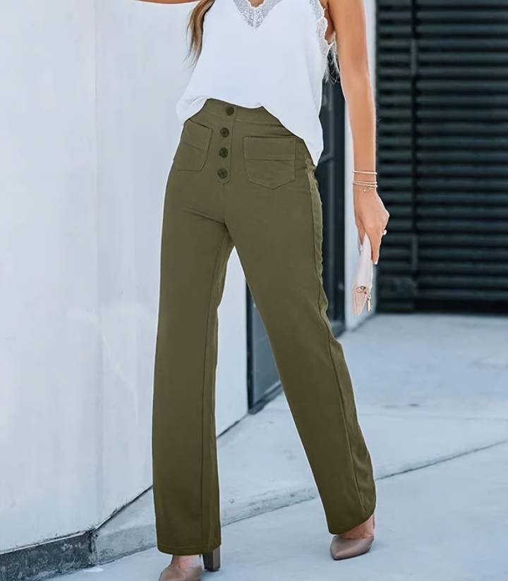 "Elastische hoge taille broek met knoopdetails voor dames, slank silhouet, dagelijks comfort en stijl"