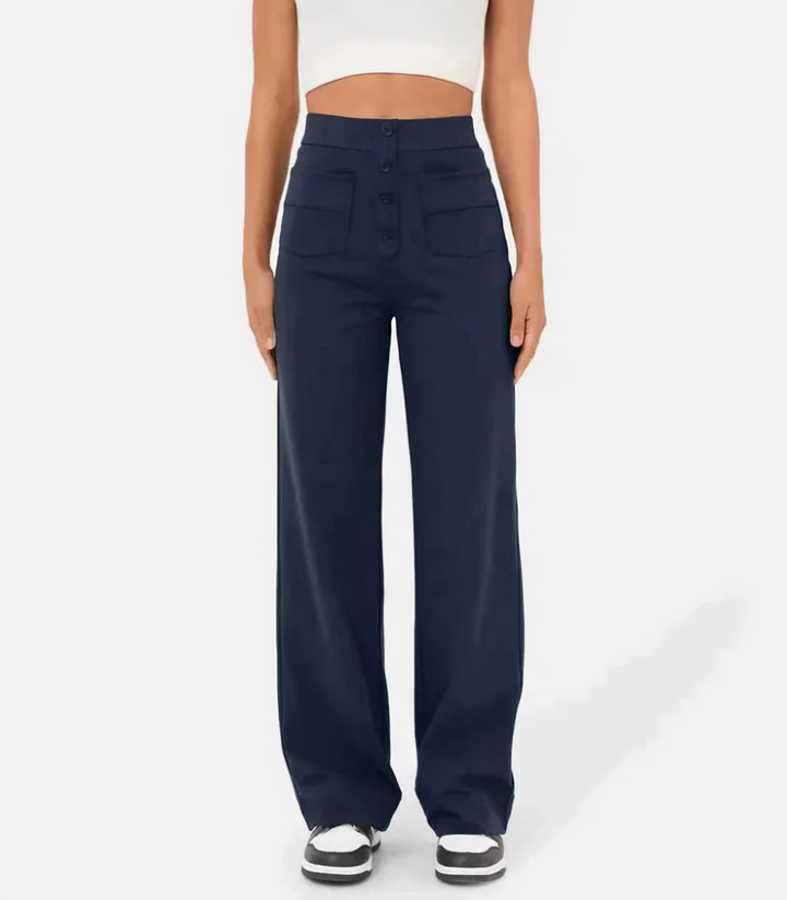 "Elastische hoge taille broek met knoopdetails voor dames, slank silhouet, dagelijks comfort en stijl"