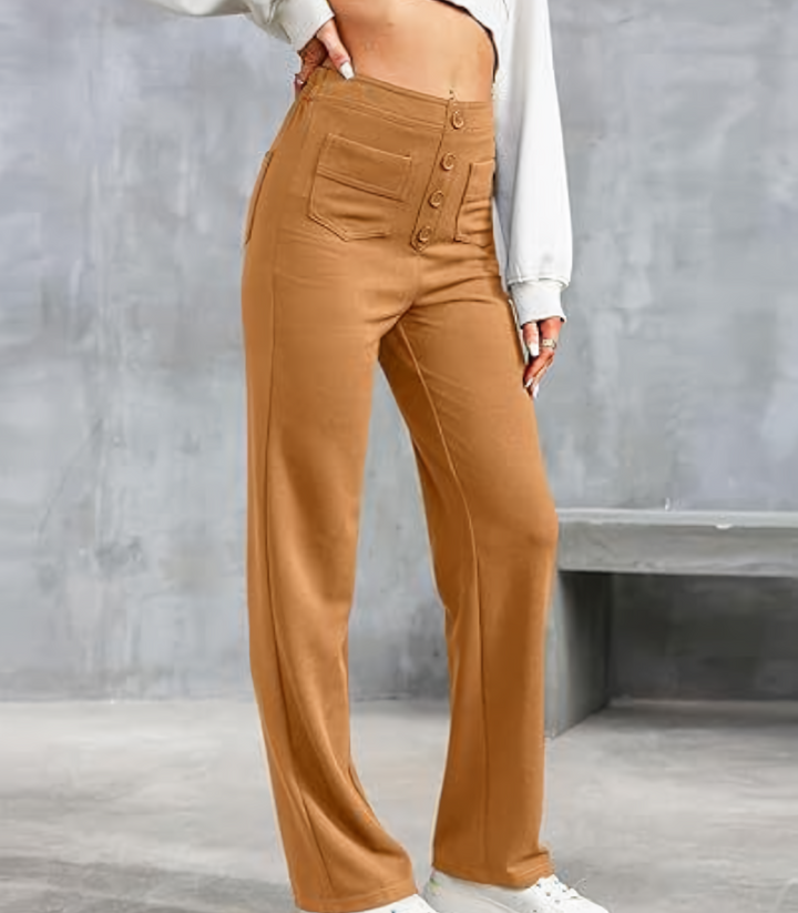 "Elastische hoge taille broek met knoopdetails voor dames, slank silhouet, dagelijks comfort en stijl"