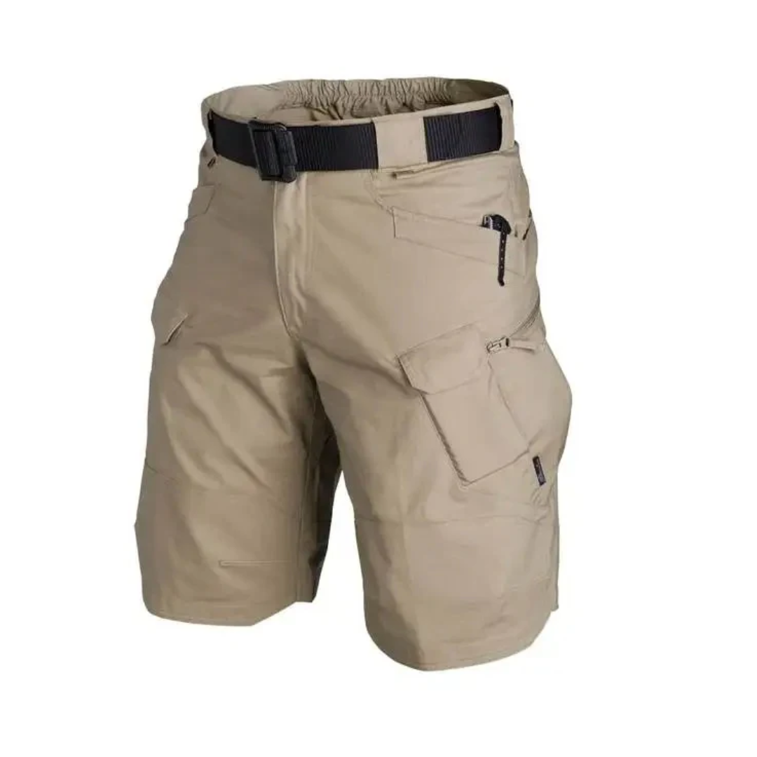 Elastische outdoor cargo shorts heren met 6 zakken in bruin; duurzaam polyester, functioneel voor avontuurlijke activiteiten.