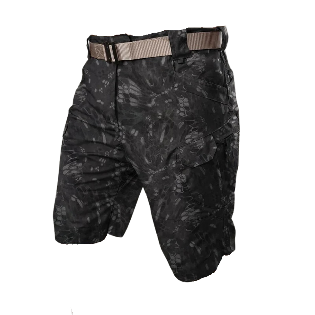 Elastische outdoor cargo shorts heren met 6 zakken in bruin; duurzaam polyester, functioneel voor avontuurlijke activiteiten.