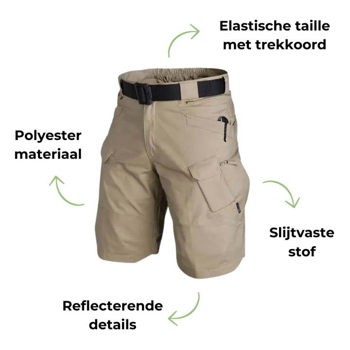 Elastische outdoor cargo shorts heren met 6 zakken in bruin; duurzaam polyester, functioneel voor avontuurlijke activiteiten.