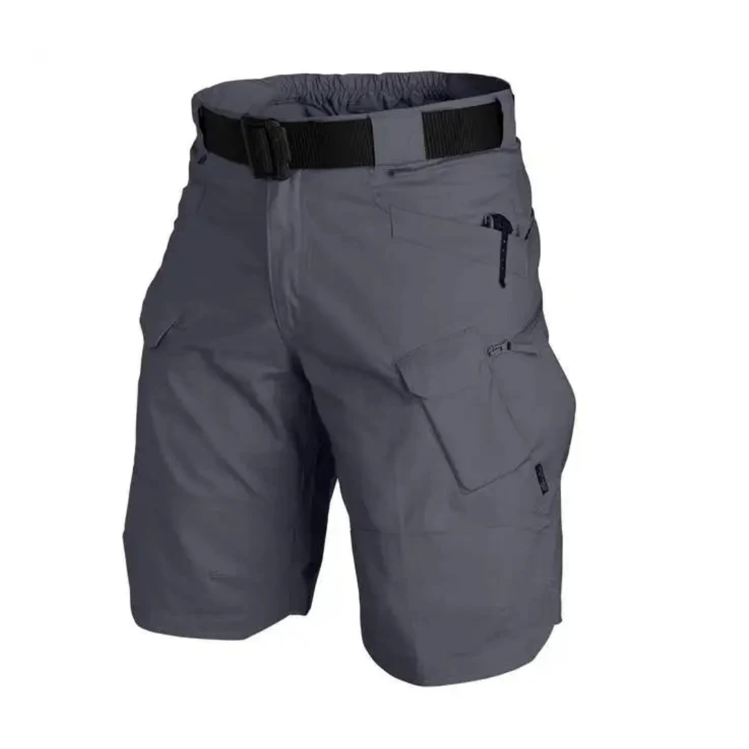 Elastische outdoor cargo shorts heren met 6 zakken in bruin; duurzaam polyester, functioneel voor avontuurlijke activiteiten.