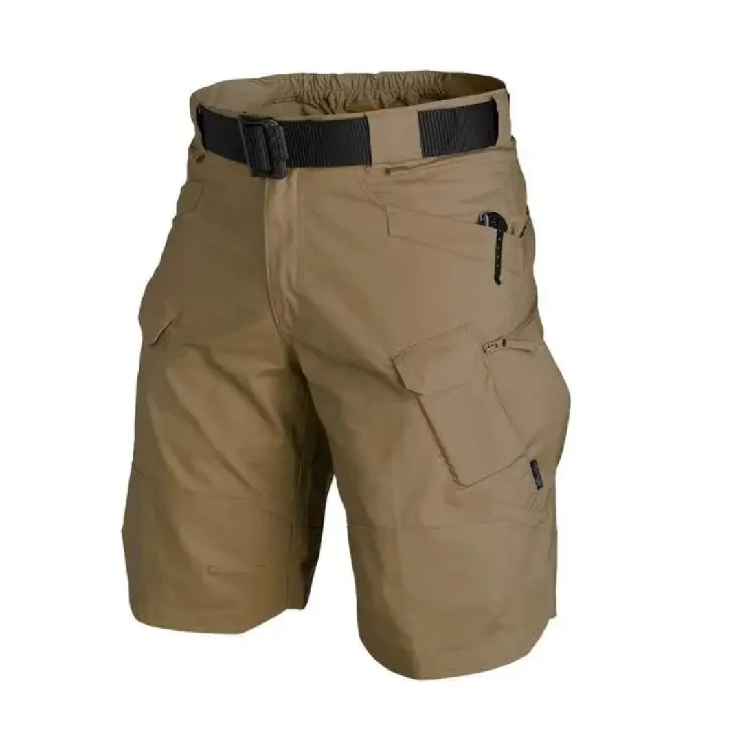 Elastische outdoor cargo shorts heren met 6 zakken in bruin; duurzaam polyester, functioneel voor avontuurlijke activiteiten.