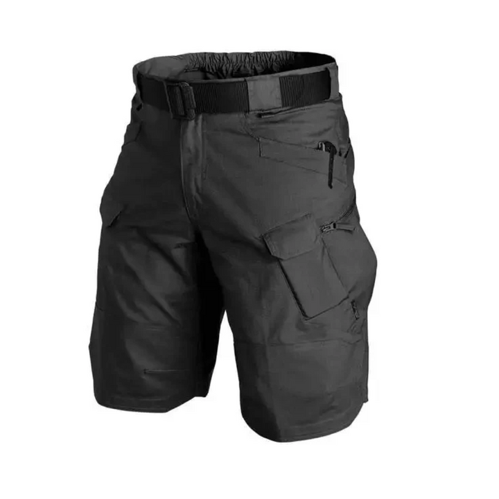 Elastische outdoor cargo shorts heren met 6 zakken in bruin; duurzaam polyester, functioneel voor avontuurlijke activiteiten.