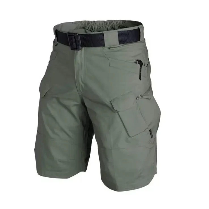 Elastische outdoor cargo shorts heren met 6 zakken in bruin; duurzaam polyester, functioneel voor avontuurlijke activiteiten.