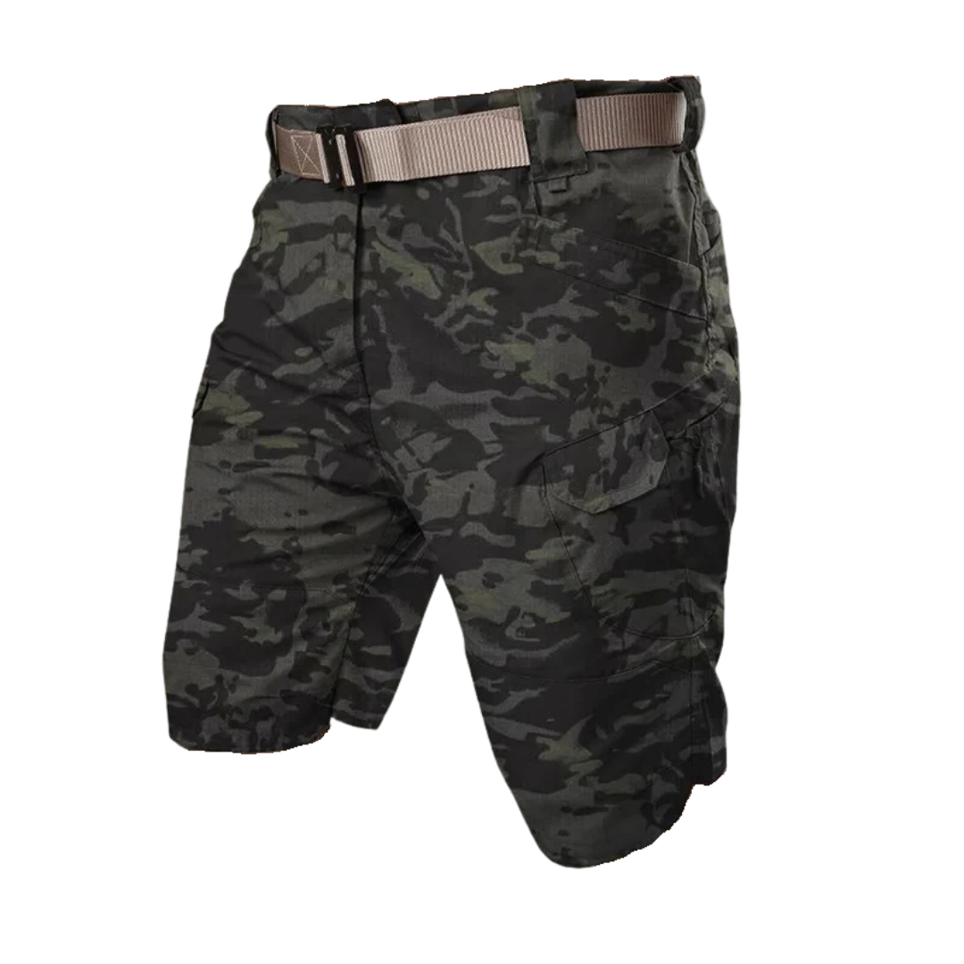 Elastische outdoor cargo shorts heren met 6 zakken in bruin; duurzaam polyester, functioneel voor avontuurlijke activiteiten.