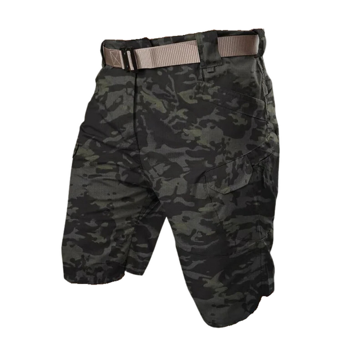 Elastische outdoor cargo shorts heren met 6 zakken in bruin; duurzaam polyester, functioneel voor avontuurlijke activiteiten.