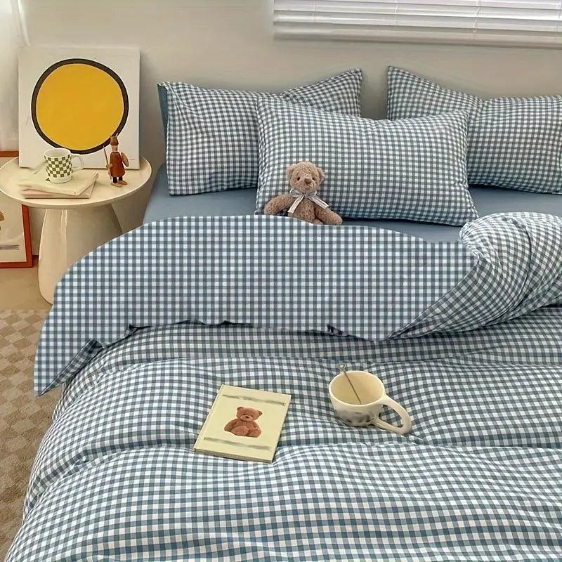 "Elegant blauw geruit dekbedovertrek, Koreaanse stijl, zacht en duurzaam, complete set met kussenslopen, slaapkamer upgrade"