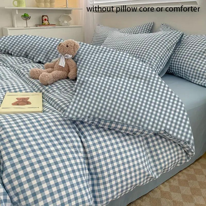 "Elegant blauw geruit dekbedovertrek, Koreaanse stijl, zacht en duurzaam, complete set met kussenslopen, slaapkamer upgrade"
