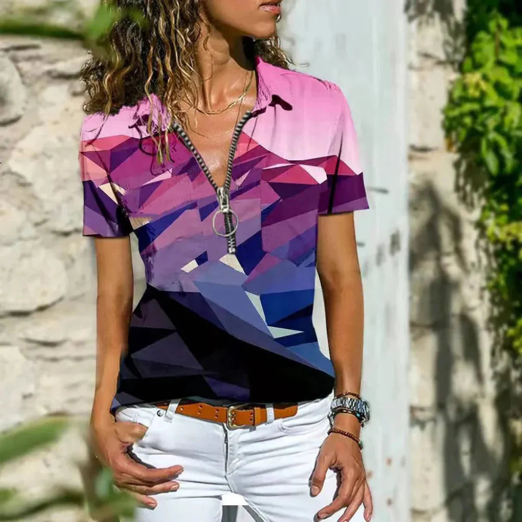 Elegant dames zomershirt in paars, luchtige stof, subtiele pofmouwen, moderne pasvorm, perfecte zomerlook.