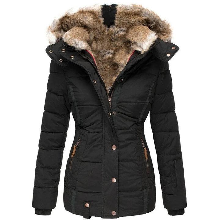"Elegant damesjasje met capuchon en bont, stijlvolle warme winterjas, perfect voor kou en comfort, beige met luxe afwerking."