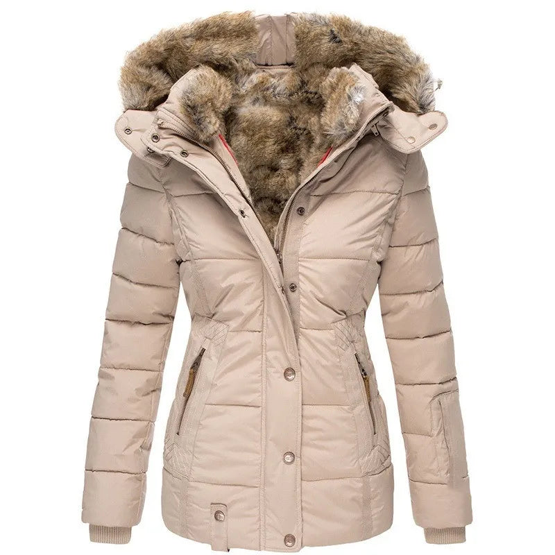 "Elegant damesjasje met capuchon en bont, stijlvolle warme winterjas, perfect voor kou en comfort, beige met luxe afwerking."
