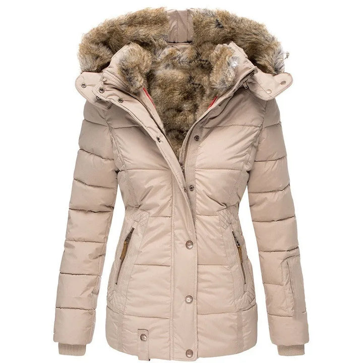 "Elegant damesjasje met capuchon en bont, stijlvolle warme winterjas, perfect voor kou en comfort, beige met luxe afwerking."