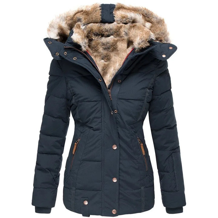 "Elegant damesjasje met capuchon en bont, stijlvolle warme winterjas, perfect voor kou en comfort, beige met luxe afwerking."