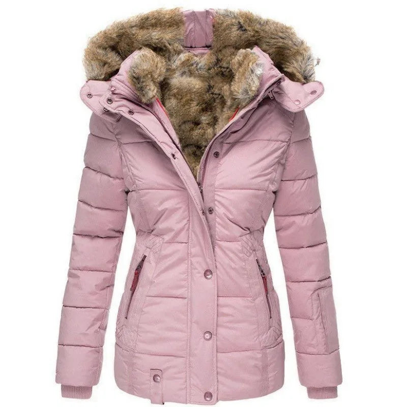 "Elegant damesjasje met capuchon en bont, stijlvolle warme winterjas, perfect voor kou en comfort, beige met luxe afwerking."