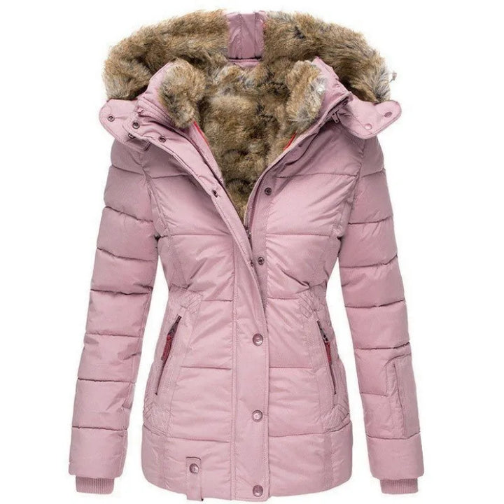 "Elegant damesjasje met capuchon en bont, stijlvolle warme winterjas, perfect voor kou en comfort, beige met luxe afwerking."