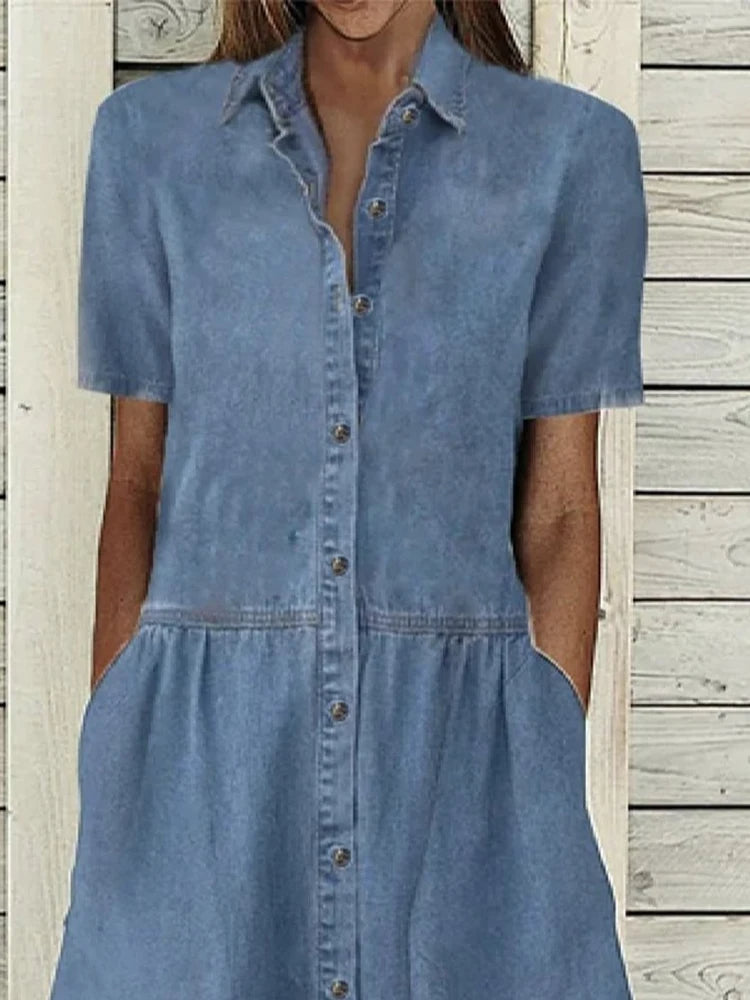 "Elegant denimlook A-lijn jurk met knoopsluiting en zakken, midi-lengte voor veelzijdige stijluitstralingen"