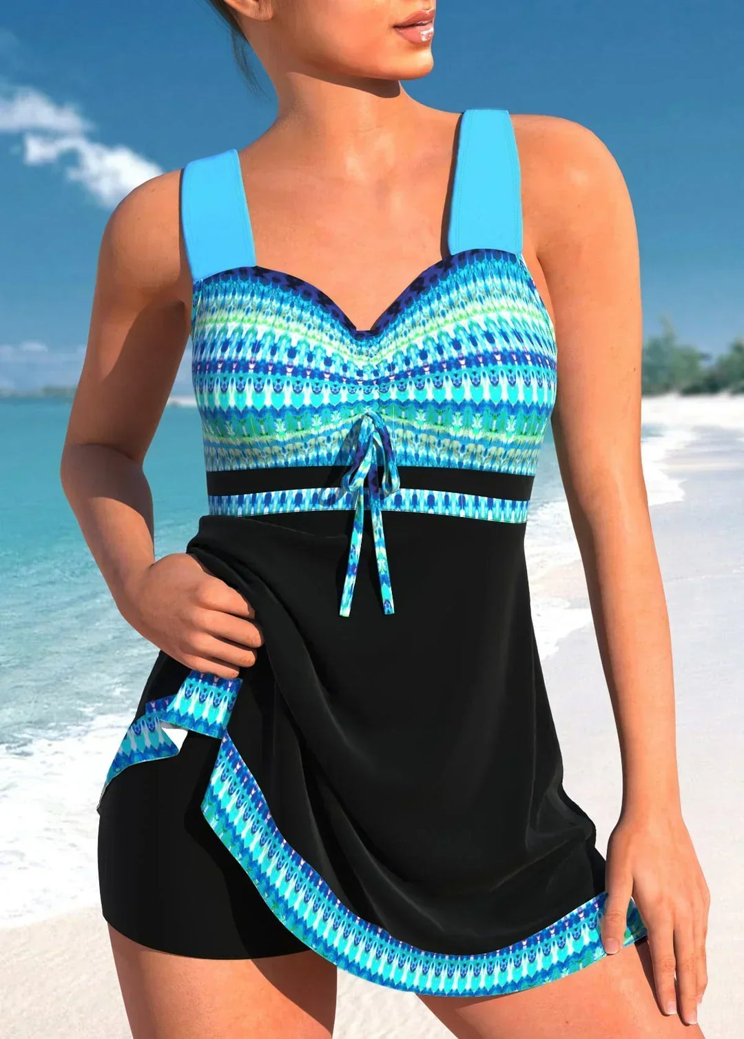 "Elegant eendelig damesbadpak met sweetheart-halslijn, brede banden en speels strikdetail. Perfect voor strand of zwembad."