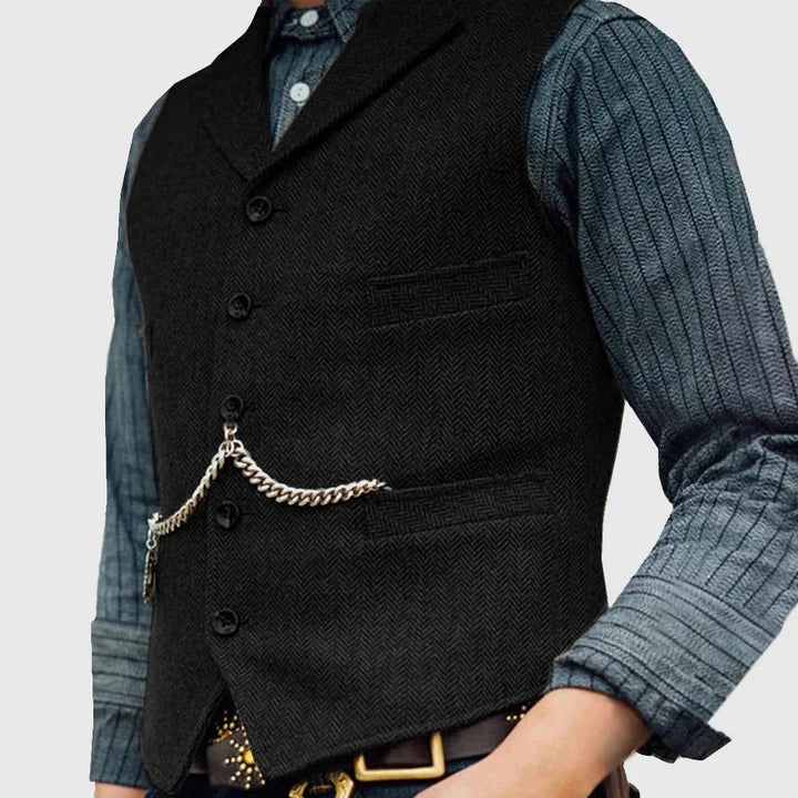 "Elegant heren gilet met klassiek visgraatpatroon en verfijnde knoopsluiting, perfect voor zowel zakelijke als casual gelegen