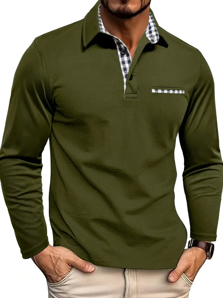 "Elegant heren poloshirt met lange mouwen, comfortabele pasvorm, ideaal voor casual en smart-casual outfits."