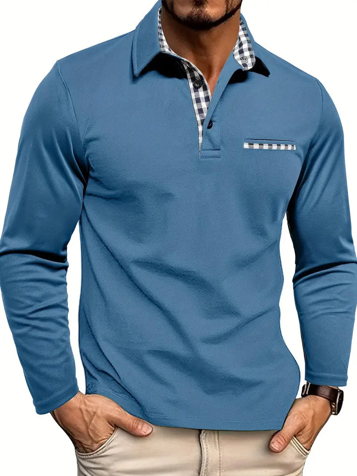 "Elegant heren poloshirt met lange mouwen, comfortabele pasvorm, ideaal voor casual en smart-casual outfits."