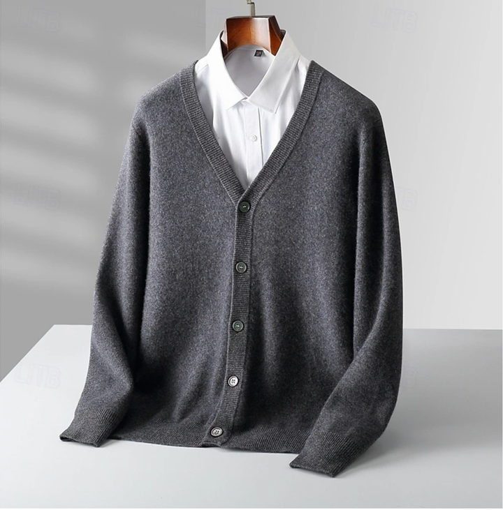 "Elegant heren wollen vest met V-hals en knoopsluiting, tijdloze look in klassieke stijl. Geschikt voor casual of formele gel