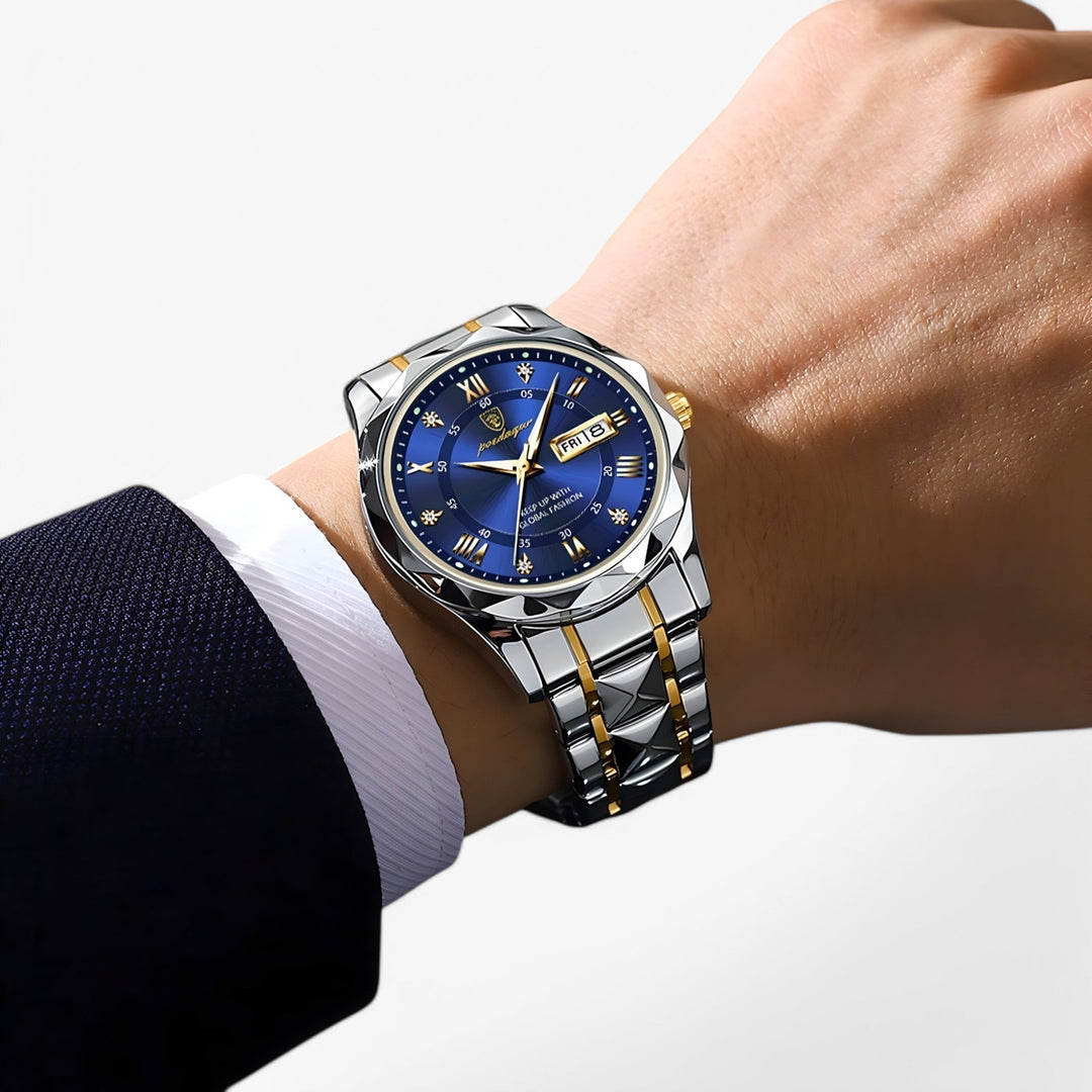 Elegant herenpolshorloge met goudkleurige wijzerplaat, luxe uitstraling, en nauwkeurige tijdwaarneming voor moderne mannen.