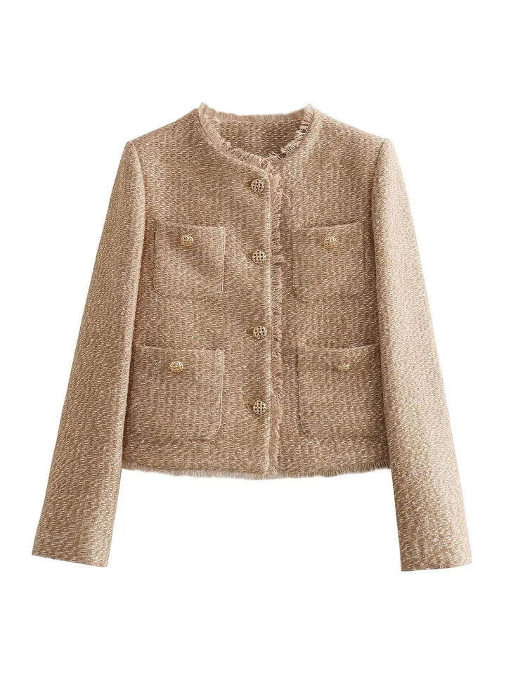 "Elegant kort tweed damesjasje, cropped design, flatterende pasvorm, ideaal voor rokken en broeken met hoge taille."