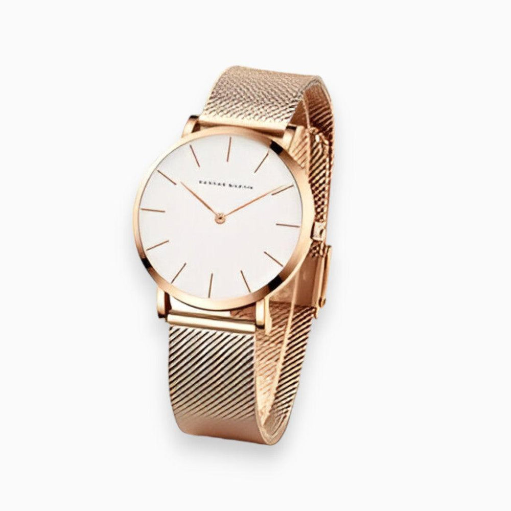 "Elegant titanium dameshorloge met ronde wijzerplaat, zilveren polsband en waterbestendig ontwerp tot 30 meter."