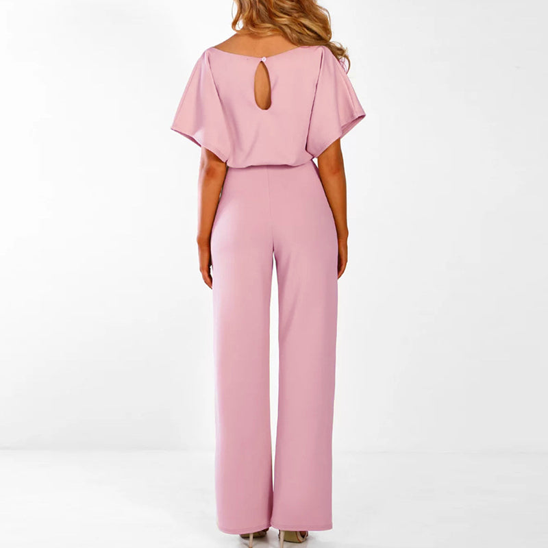 "Elegante Annette jumpsuit met lace-up taille, wijde broekspijpen in zwart. Tijdloze stijl en comfortabel in draagbare stof."