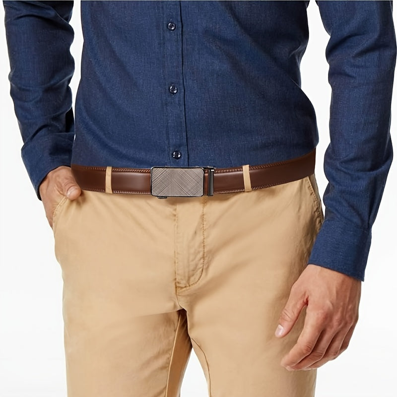 "Elegante automatische leren riem voor heren met ratelsluiting, verkrijgbaar in zwart en bruin, geschikt voor elke outfit."
