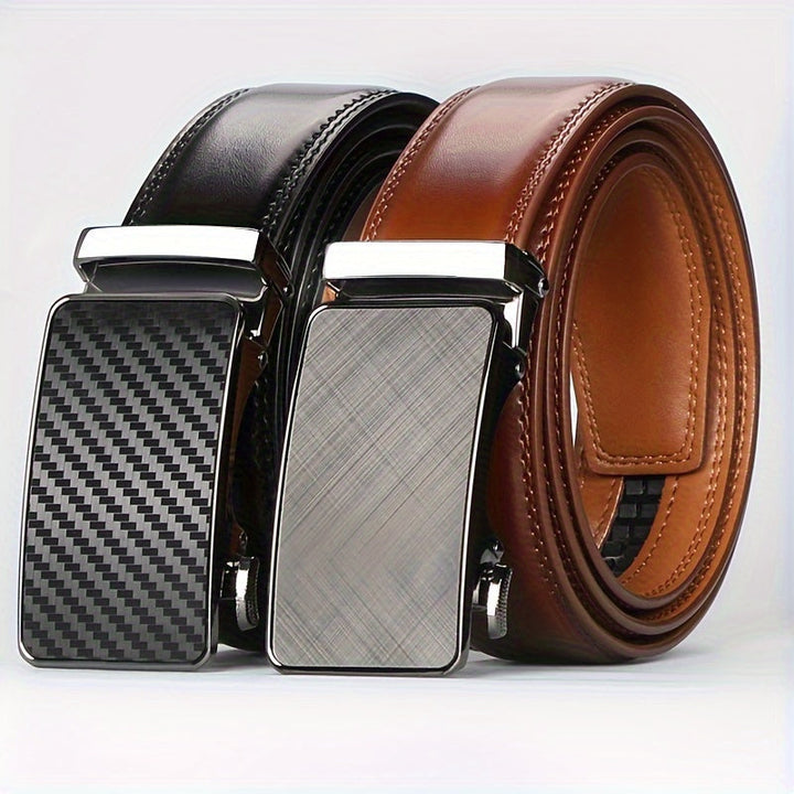 "Elegante automatische leren riem voor heren met ratelsluiting, verkrijgbaar in zwart en bruin, geschikt voor elke outfit."
