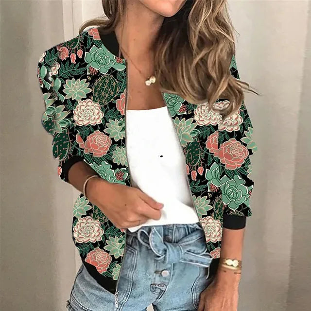 "Elegante bedrukte damesjas met rits, unieke trendy stijl, lichte stof, geschikt voor elke outfit en gelegenheid."