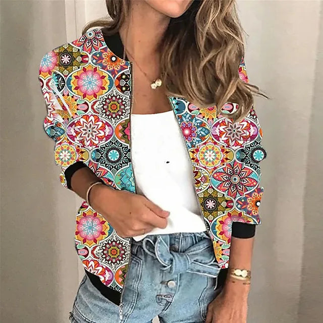 "Elegante bedrukte damesjas met rits, unieke trendy stijl, lichte stof, geschikt voor elke outfit en gelegenheid."