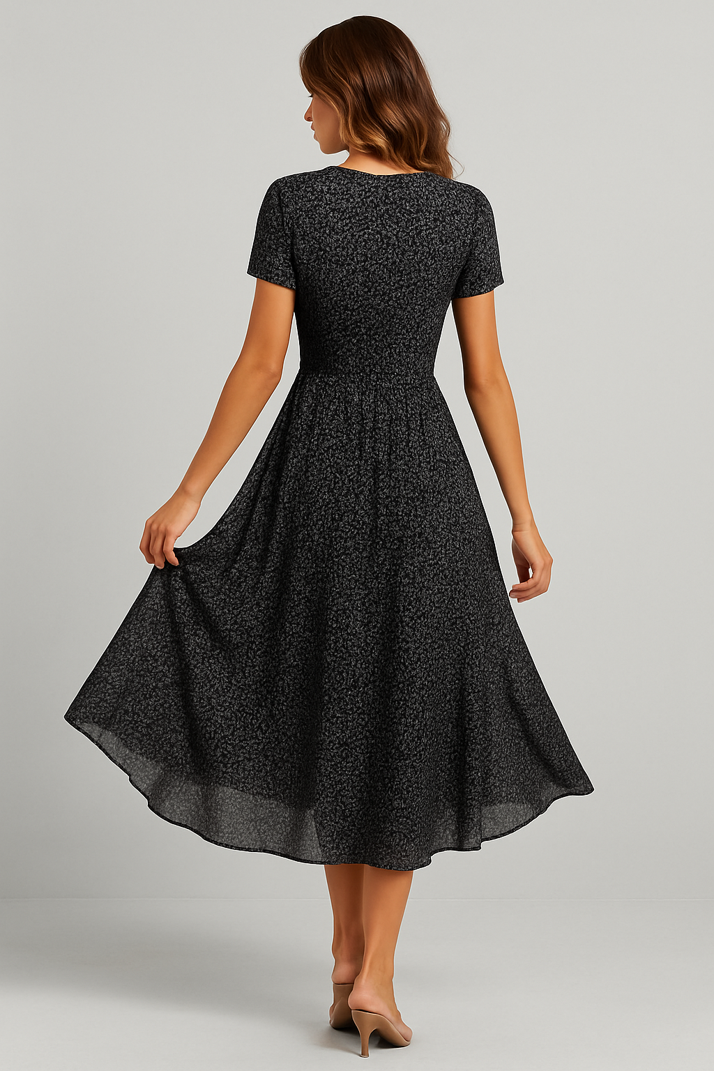 "Elegante bedrukte V-hals jurk met korte mouwen, zwarte print op luchtige chiffon stof, perfect voor vrouwelijk stijlvol uite