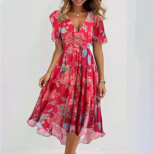 "Elegante bloemenjurk met V-hals, vlindermouwen en bloemenprint, perfect voor zomerse gelegenheden en tuinfeesten."