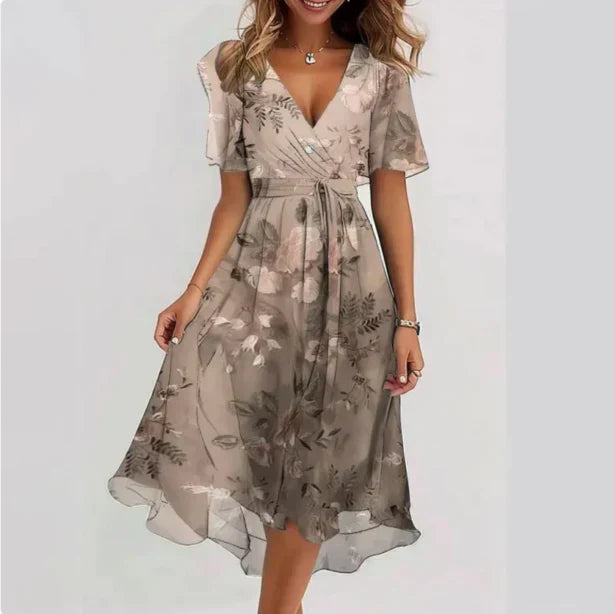 "Elegante bloemenjurk met V-hals, vlindermouwen en bloemenprint, perfect voor zomerse gelegenheden en tuinfeesten."